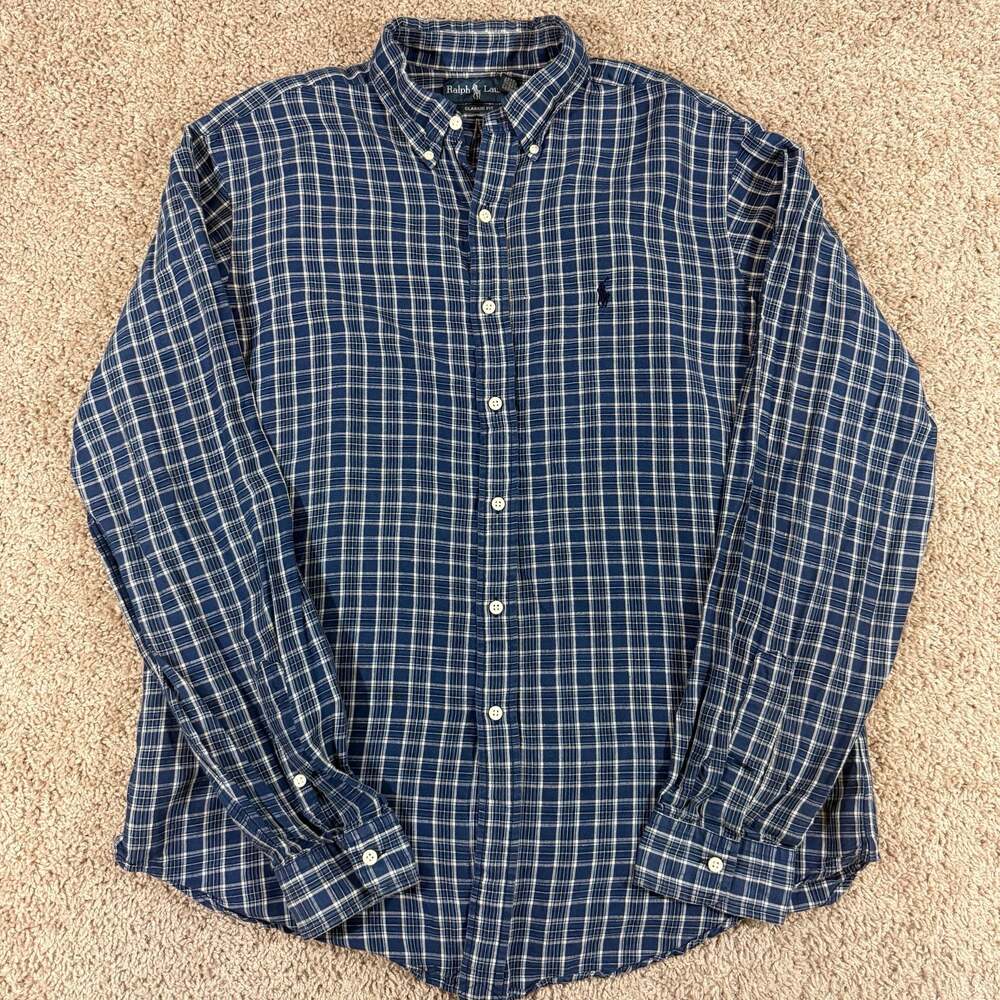 Polo Ralph Lauren Classic Fit Button Down Shirt Mens L Blue Plaid Long Sleeve